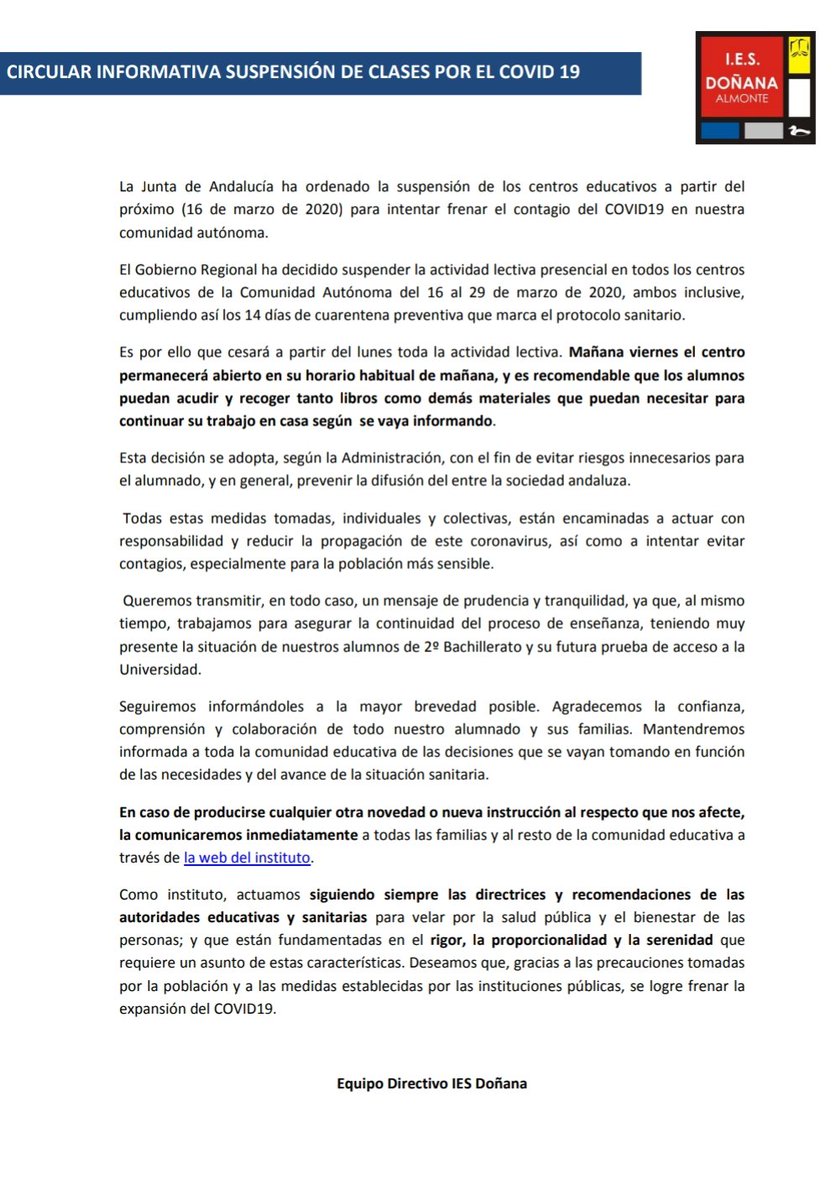 iesdonana's tweet photo. Circular informativa: SUSPENSIÓN DE CLASES POR EL COVID 19 https://t.co/OhJpmA5GpH