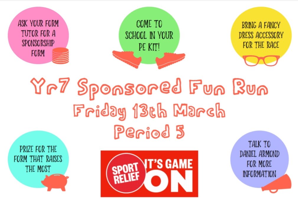 SHSVIForm's tweet photo. All Year 7 students @ShenfieldHigh will be completing a fun run tomorrow for @sportrelief and should come to school in their PE kit. All sponsorship forms and money are to be given to form tutors during form time. #sponsoredfunrun https://t.co/iAUYb1HPR2