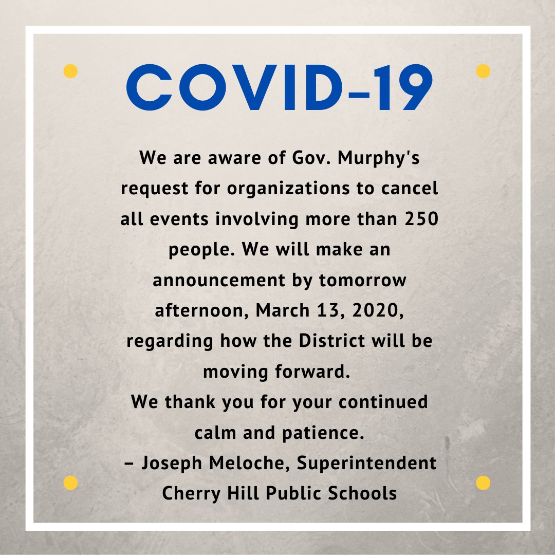 ChpsTweets's tweet photo. We are aware of Gov. Murphy's request for organizations to cancel all events involving more than 250 people. We will make an announcement by tomorrow afternoon, 3/13/20, regarding how the District will be moving forward. We thank you for your continued calm and patience. https://t.co/QCEjbja6Ph