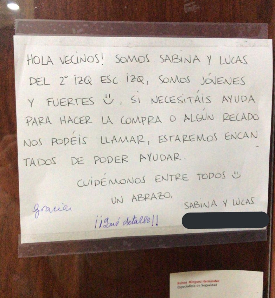 maguipradop's tweet photo. Mi amiga Sabi y su novio Lucas (ambos uruguayos) dejan este cartel para los vecinos en su edificio de Madrid.
Que estas coyunturas saquen lo mejor de nosotros 🙌🏻. https://t.co/dQaeHw4w1B