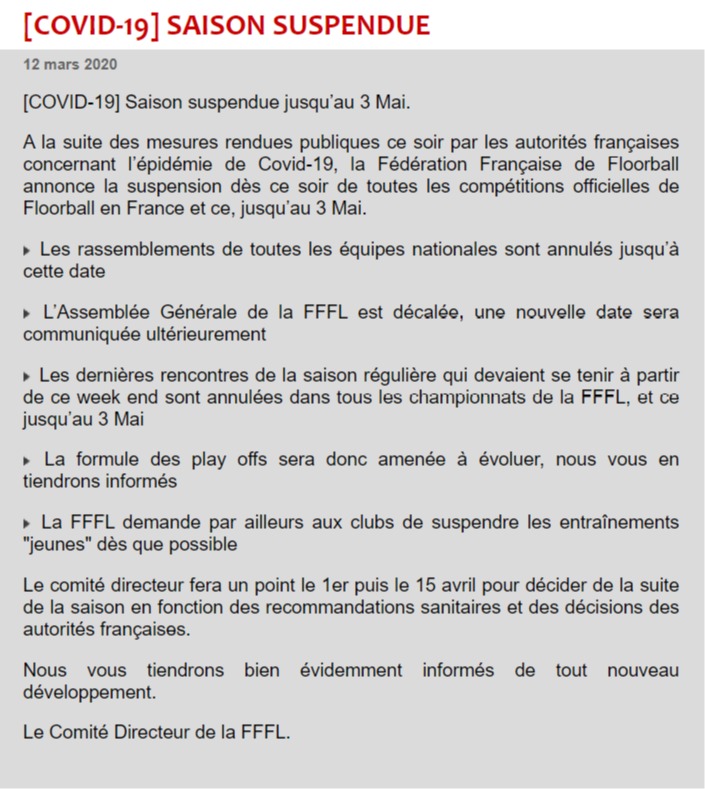 COMMUNIQUÉ OFFICIEL

🛑 Saison suspendue jusqu'au 3 Mai