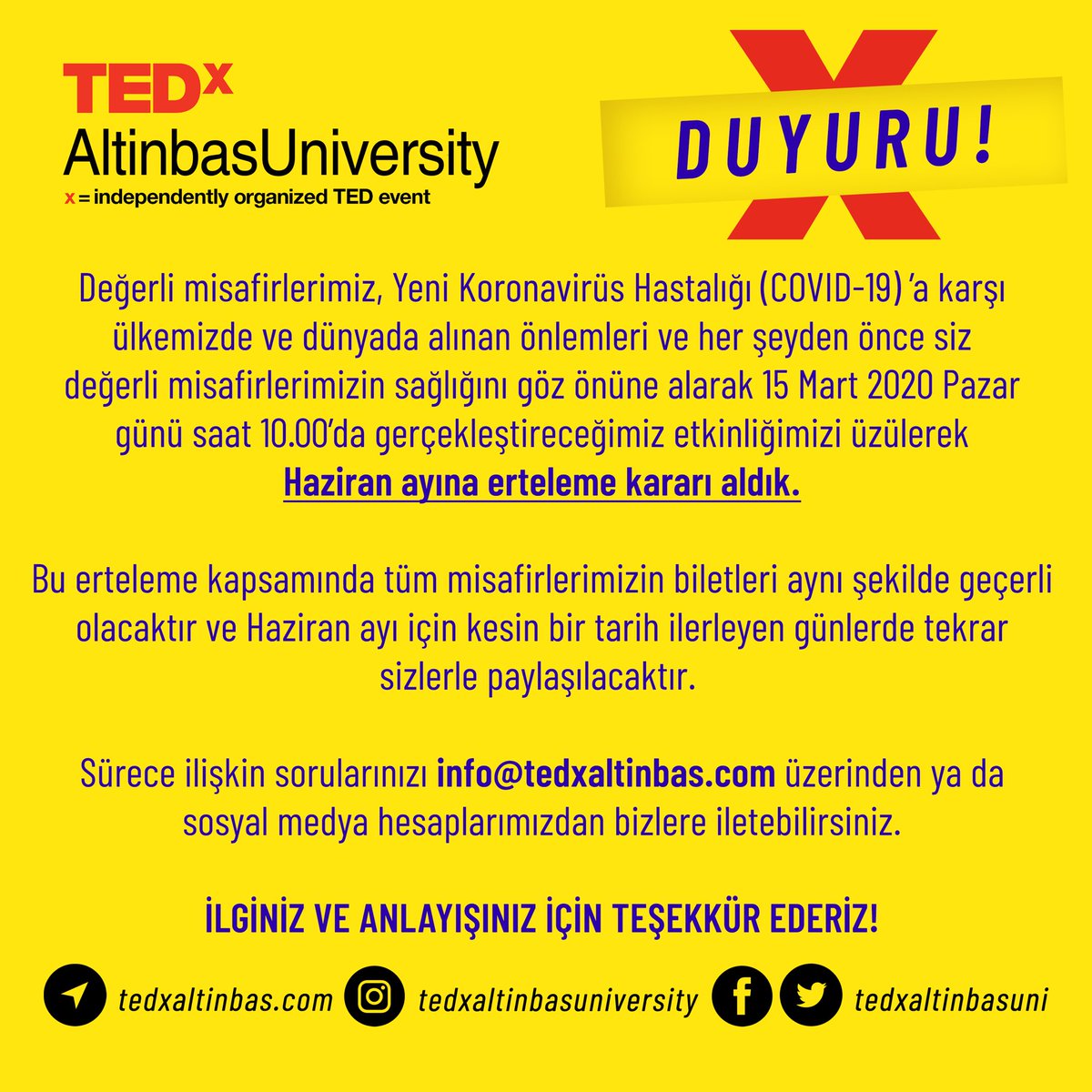 tedxaltinbasuni's tweet photo. #TEDxAltinbasUniversity Perde Arkası etkinliliği ERTELENDİ!
————
#TEDxAltinbasUniversity Perde Arkası event is POSTPONED! https://t.co/M7ufvJe7Uk