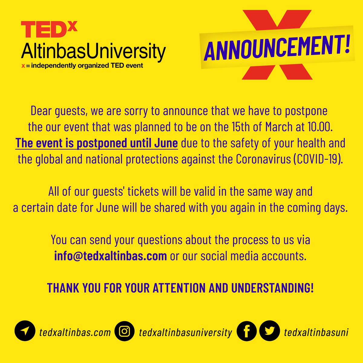 tedxaltinbasuni's tweet photo. #TEDxAltinbasUniversity Perde Arkası etkinliliği ERTELENDİ!
————
#TEDxAltinbasUniversity Perde Arkası event is POSTPONED! https://t.co/M7ufvJe7Uk