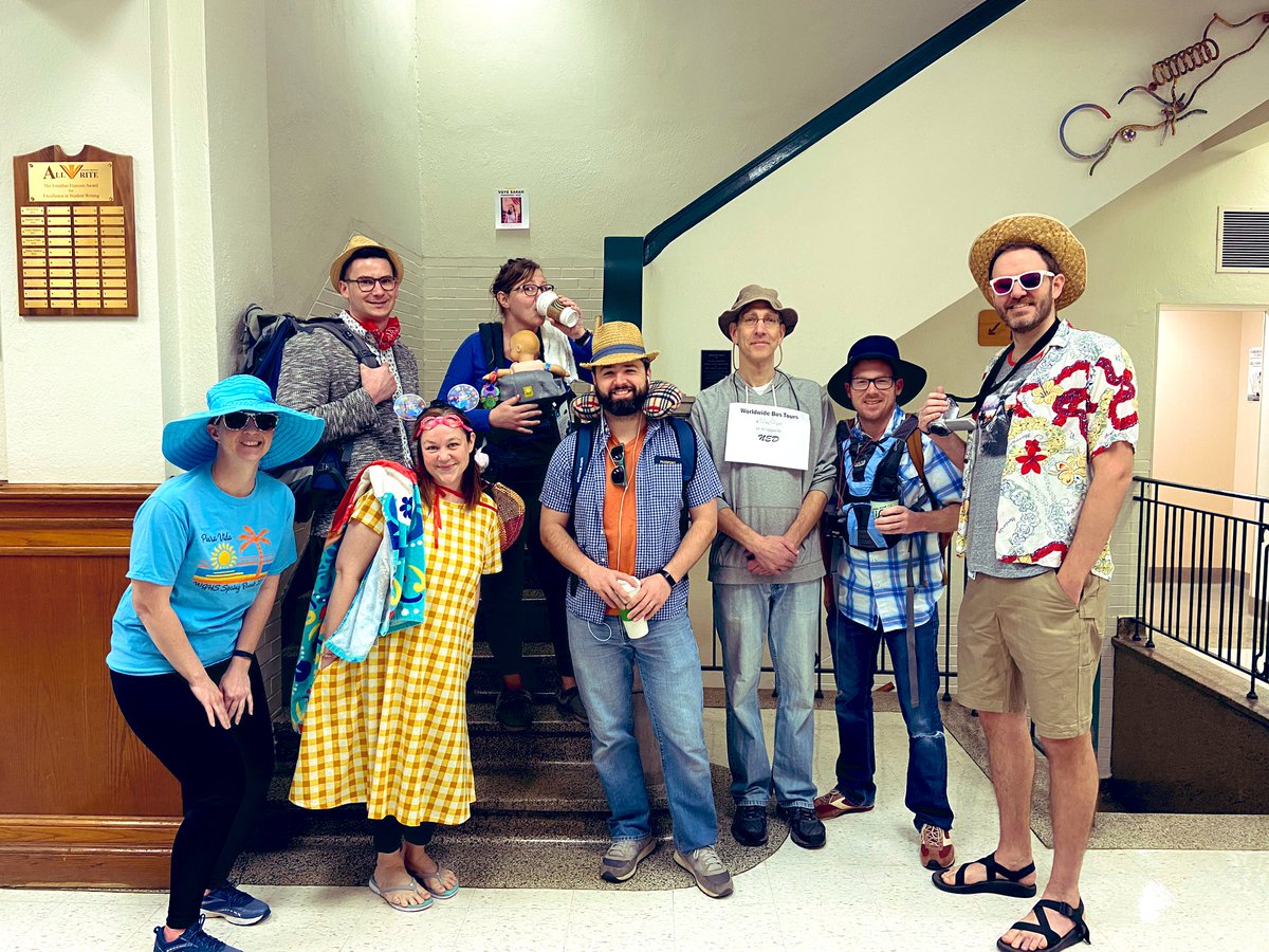 drA_Thompson's tweet photo. We are celebrating Spring Break with our staff today! “Wear your vacation gear” showed up strong in the World Language Dept. 👏🏼🎩 https://t.co/BERfV4XD17