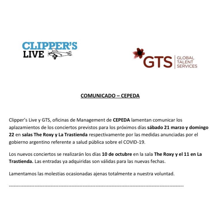 lagargentina's tweet photo. ⚠️ ATENCIÓN 🛑 Los shows de CEPEDA están REPROGRAMADOS para 10 y 11 de OCTUBRE ! Dadas las medidas del gobierno nacional para todos los espectáculos internacionales. Lamentamos las molestias. LAS ENTRADAS YA ADQUIRIDAS SON VÁLIDAS PARA LAS NUEVAS FECHAS. Saludos! https://t.co/sIGMCApYUC