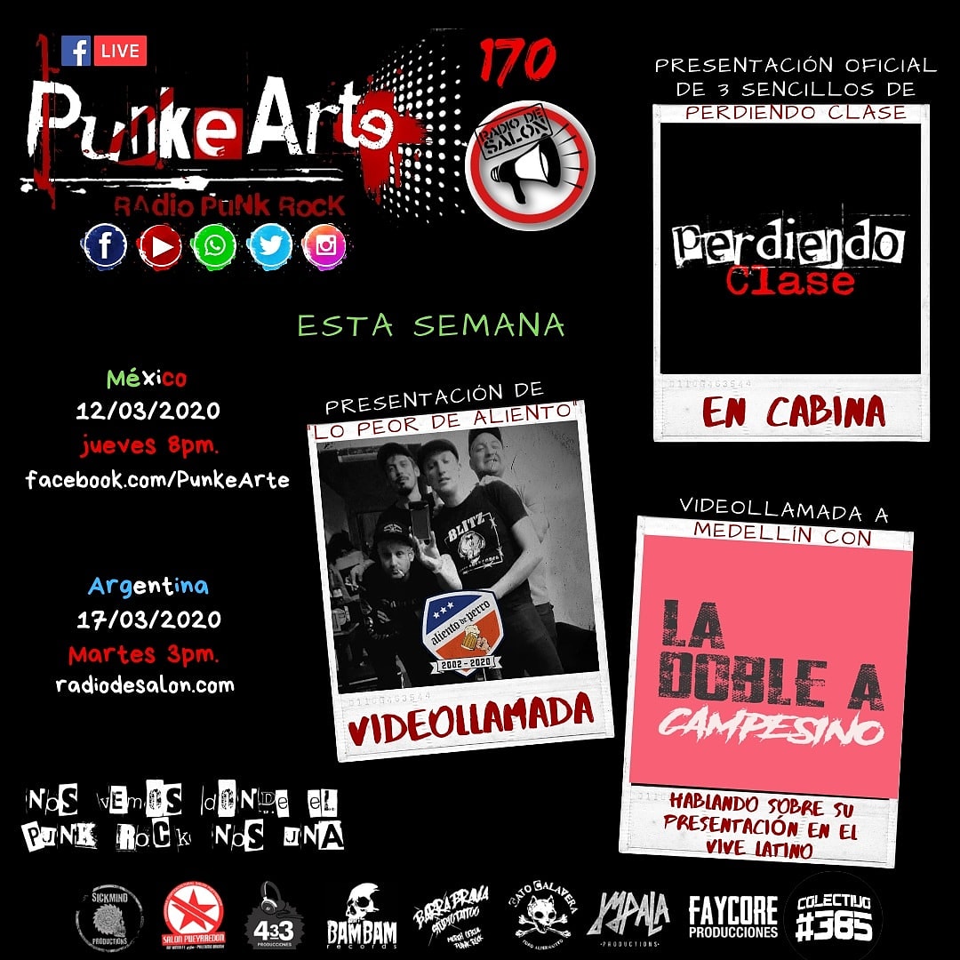 Jueves de PunkeArte con Perdiendo Clase, La Doble A y Aliento de Perro
facebook.com/PunkeArte
México 8 pm.
Colombia 9 pm.
Argentina 11 pm.
PunkeArte, donde el punk rock nos une