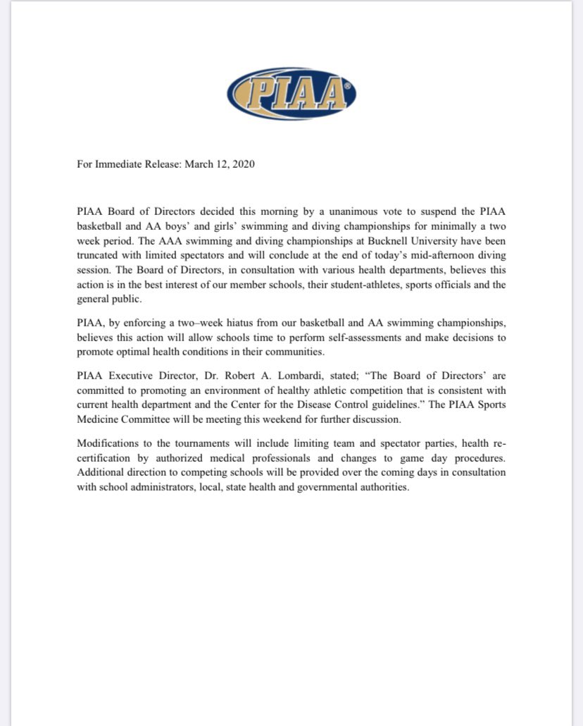 ATTN: PIAA has announced a 2 week hiatus on all current PIAA championships due to the COVID-19 outbreak.