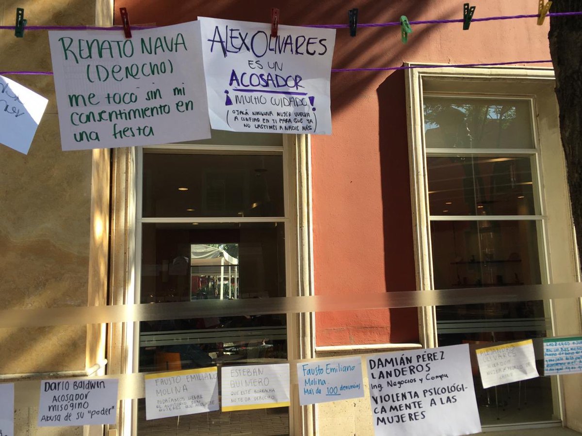 RCombativa's tweet photo. El día de hoy, todas las mujeres del ITAM colocamos un tendedero en plaza roja para visibilizar agresores y conductas violentas. 

Nunca más tendrán la comodidad de nuestro silencio. Abrazamos a todas nuestras hermanas que han tenido la valentía de alzar la voz. https://t.co/L3HRuDdUWf