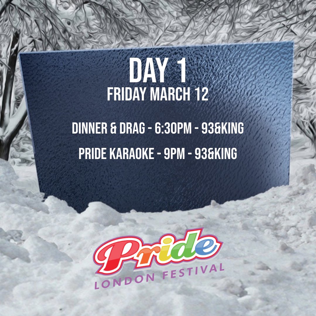 DAY 1!! #WinterPrideLdn2020 is finally here!! Starting off with #DinnerAndDrag at 6:30PM with performances from @BettiexRebel, #PhoenixBlack &amp; <a href="/Axbrandy1/">Axbrandy</a>! Then at 9PM, switch on over to #WinterPrideKaraoke! Sing your fav frosty jams! And it’s all going down at <a href="/93KingBar/">The King</a>!! 🏳️‍🌈❄️