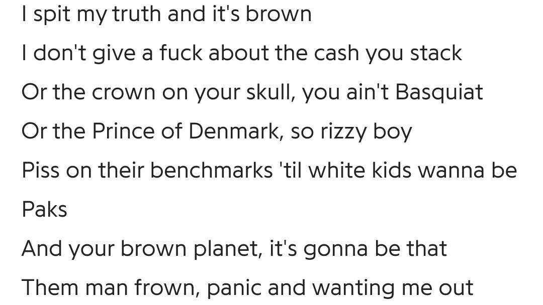 Throughout the album we hear him rapping about "brown power" and demographic replacement with a line stating "your brown planet, it's going to be that."