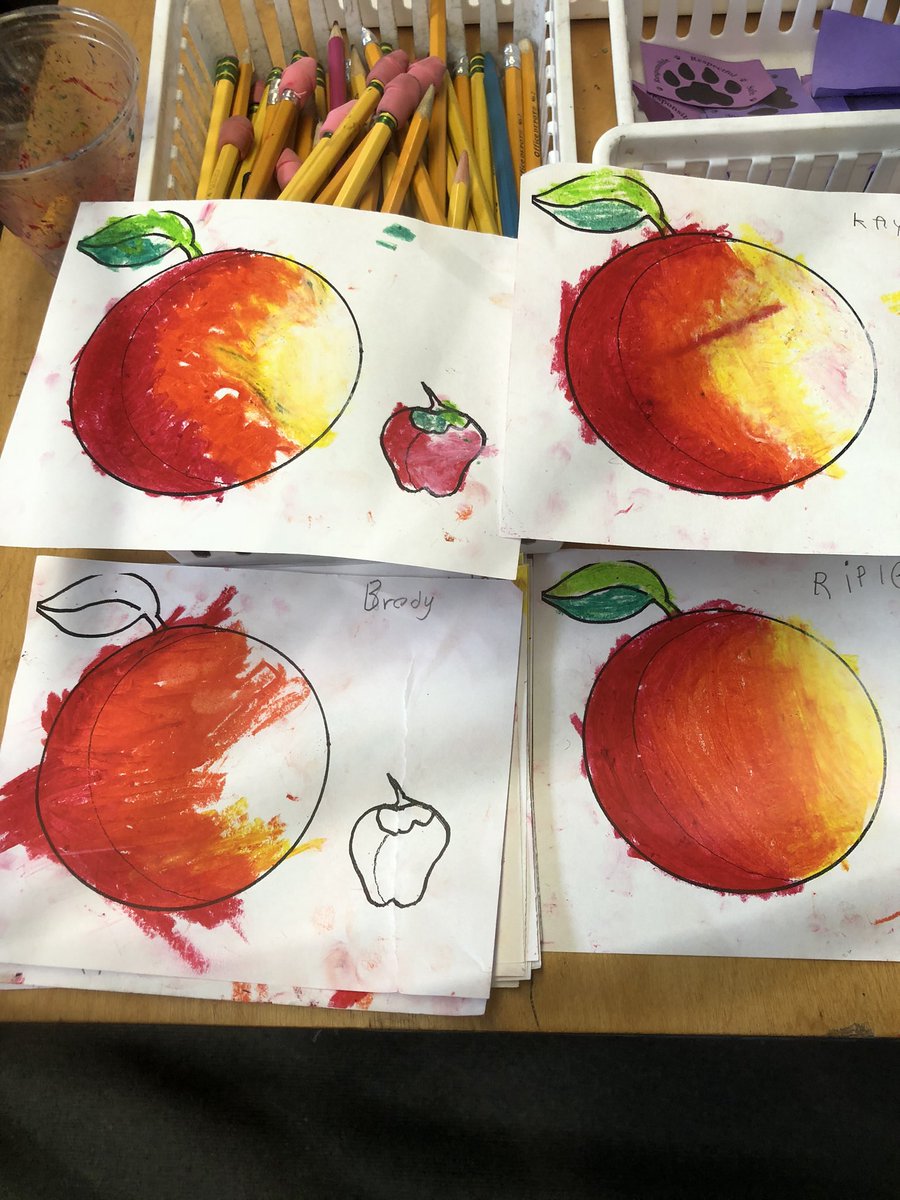 TK &amp; 3rd learned how to shade drawings of fruit with oil pastels. Thank you Ms. Boronkay!  ❤️<a href="/pennpanthers/">Penngrove Elementary</a> #pennpanthers