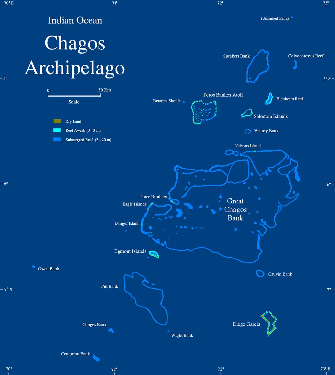 L'archipel des Chagos est un ensemble de 7 atolls d'une superficie de 56 km2, comprenant plus de 60 îles tropicales, situé au plein coeur de l'Océan Indien. Il est entouré par les Maldives au nord, les Seychelles à l'ouest et l'île Maurice au sud-ouest.