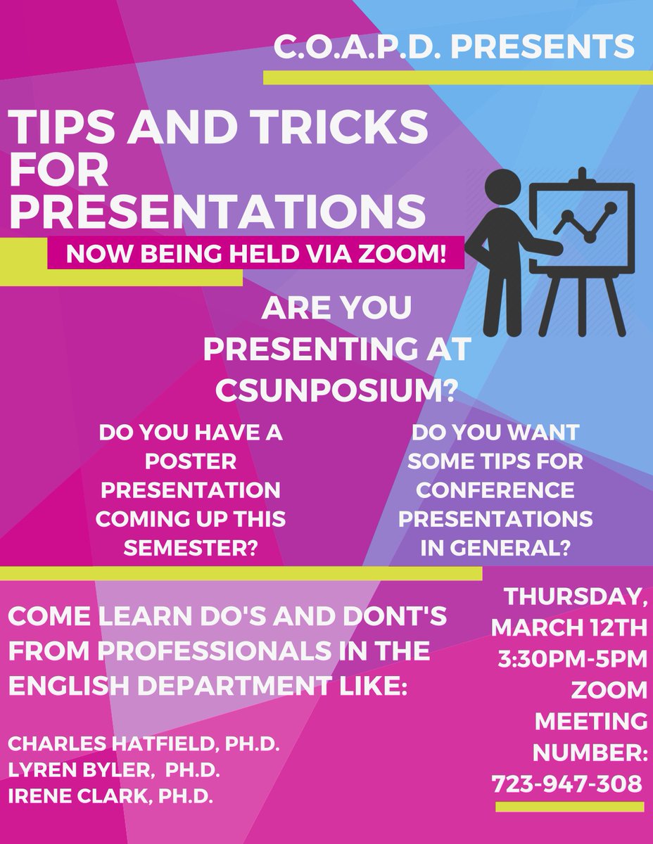 CSUNCOAPD's tweet photo. UPDATE: Our conference presenting workshop is moving forward today as planned via Zoom! At 3:30pm, follow this link https://t.co/785V5oWKsB to join the room. DM with any questions or concerns! https://t.co/MPvSVMJI0s