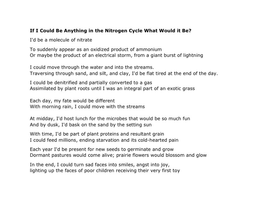 jagmandhillon's tweet photo. An amazing find while browsing https://t.co/X9x3zp02S6. #Nitrogencycle poem by #Nitrogen Ninja Master Dr. Bill Raun. My favorite part is “with time, I’d be part of plant proteins and resultant grain, I could feed millions, ending starvation and it’s cold-hearted pain” https://t.co/HSCCEzhvVm