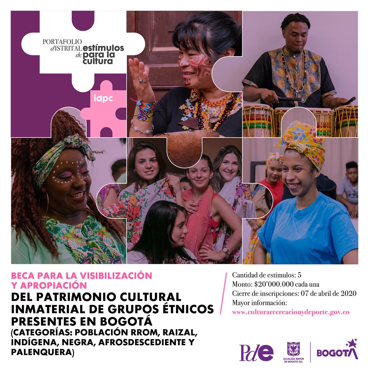 Patrimoniobta's tweet photo. Si perteneces a alguno de los grupos étnicos que residen (o habitan) en Bogotá, te invitamos a presentar una propuesta de divulgación o formación que permita visibilizar y generar procesos de apropiación social y salvaguardia del Patrimonio Cultural Inmaterial ¡Postúlate! #PDDE https://t.co/YIFdjpxsDG