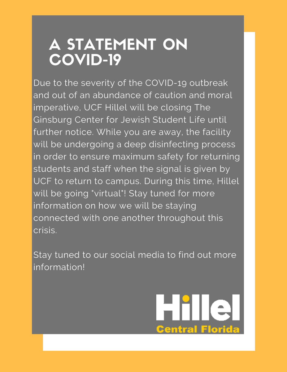 #UCFHillel will remain closed until further notice. Stay healthy, Knights!