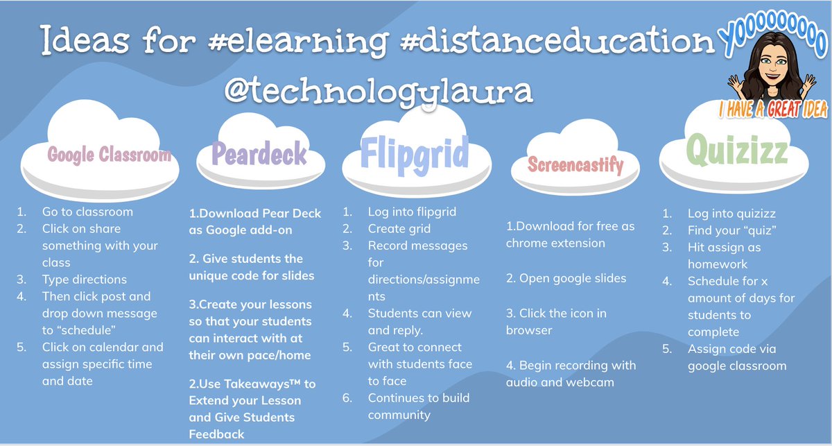 technologylaura's tweet image. As a teacher I have created this slide to show my top 5 ways for #elearning #distrancelearning #remotelearning #edtech during #COVD19 

@GoogleForEdu
@PearDeck
@Flipgrid
@Screencastify
@quizizz
 
slides credit @SlidesManiaSM
 
Hope this helps @WeAreTeachers
💜
-Laura