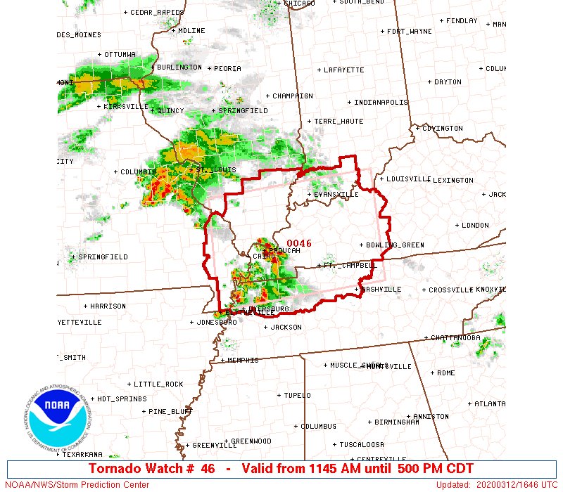 NWSSPC's tweet photo. 11:47am CDT #SPC_Watch WW 46 TORNADO IL IN KY MO TN 121645Z - 122200Z, #ilwx #inwx #kywx #mowx #tnwx, https://t.co/FhEY5AM3XC https://t.co/y8BjEPdQ8Q