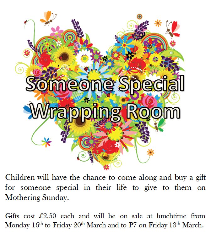 Moray PTA will be selling Mothers Day/Someone Special gifts next week, the children can pick a wrapped gift for £2.50 for their loved one. It will be open tomorrow lunchtime for the P7 children attending Belmont next week. <a href="/MorayPS/">Moray Primary School</a> @MrsBellatMoray @Primary7MB  @MissWalkerP7W