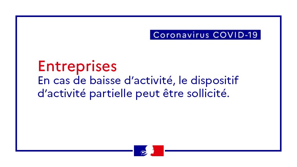 #Coronavirus #COVID19 | Le dispositif d’activité partielle peut être sollicité par les entreprises.

Toutes les demandes doivent être déposées sur le portail dédié➡️ activitepartielle.emploi.gouv.fr
 
+ d'infos👉 travail-emploi.gouv.fr/actualites/l-a…