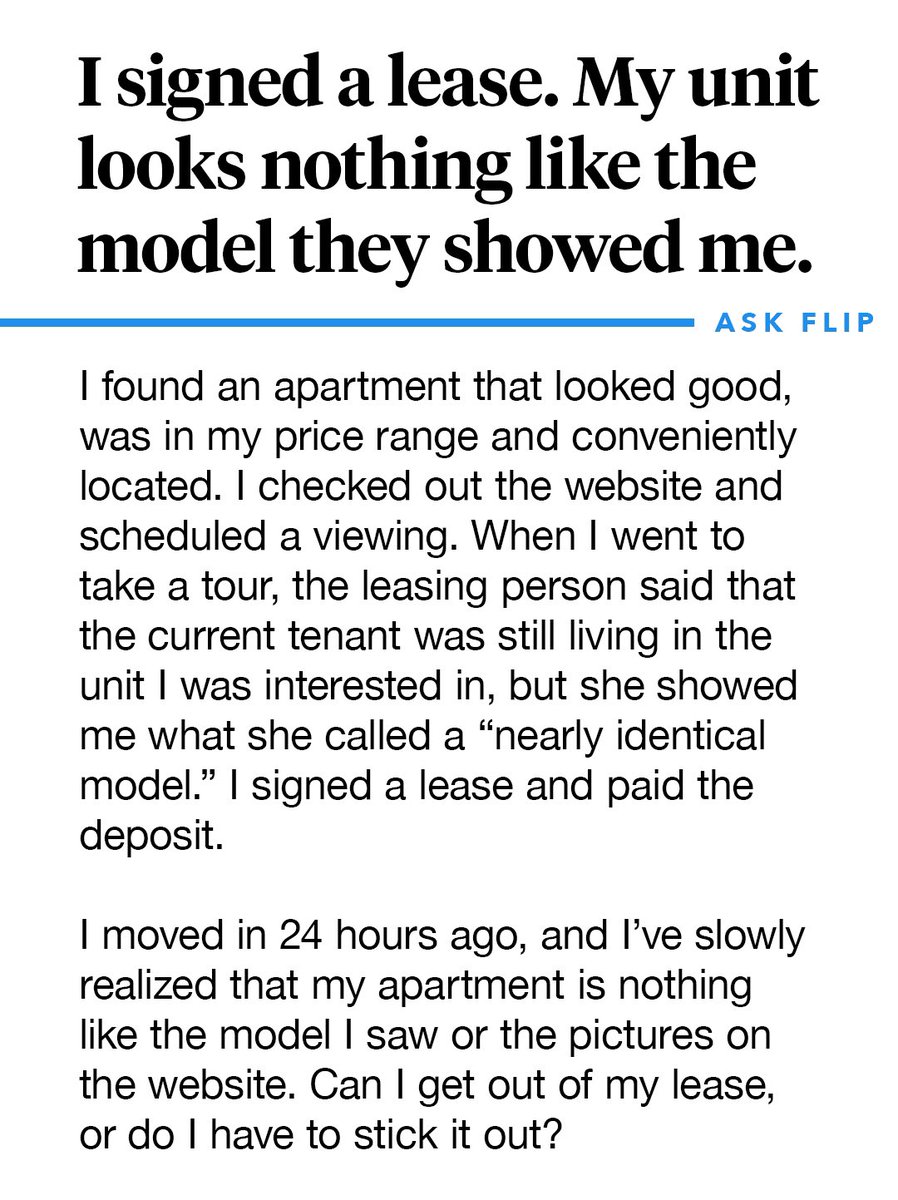 caretakerlabs's tweet photo. โI moved in 24 hours ago, and Iโve slowly realized that my apartment is nothing like the โnearly identical modelโ I was shown. Can I get out of the lease?โ #AskFlip https://t.co/rHJG64C8J6