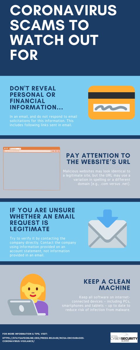Cybercriminals are seizing on #COVID19 fears by using online scams to extract personal &amp; financial information. Messages can even appear to be from a legitimate organization or individual, including a friend. See our #tips on avoiding scams below ⬇️ #BeCyberSmart