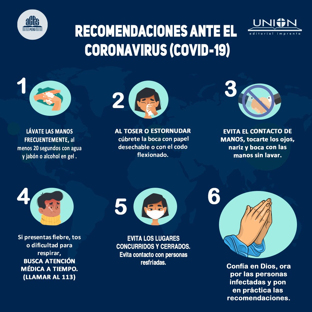 Compartimos con ustedes algunas recomendaciones para prevenir el contagio y propagar la enfermedad del coronavirus (COVID-19). Compartan también esta información con sus amigos y familiares. Asimismo oremos por aquellas personas que han sido infectadas.