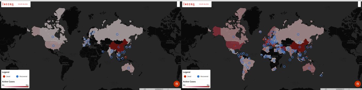 11th February, 2020 vs 11th March, 2020. Screenshots from thecoronamap.com
#CoronavirusPandemic #COVID #Covid_19