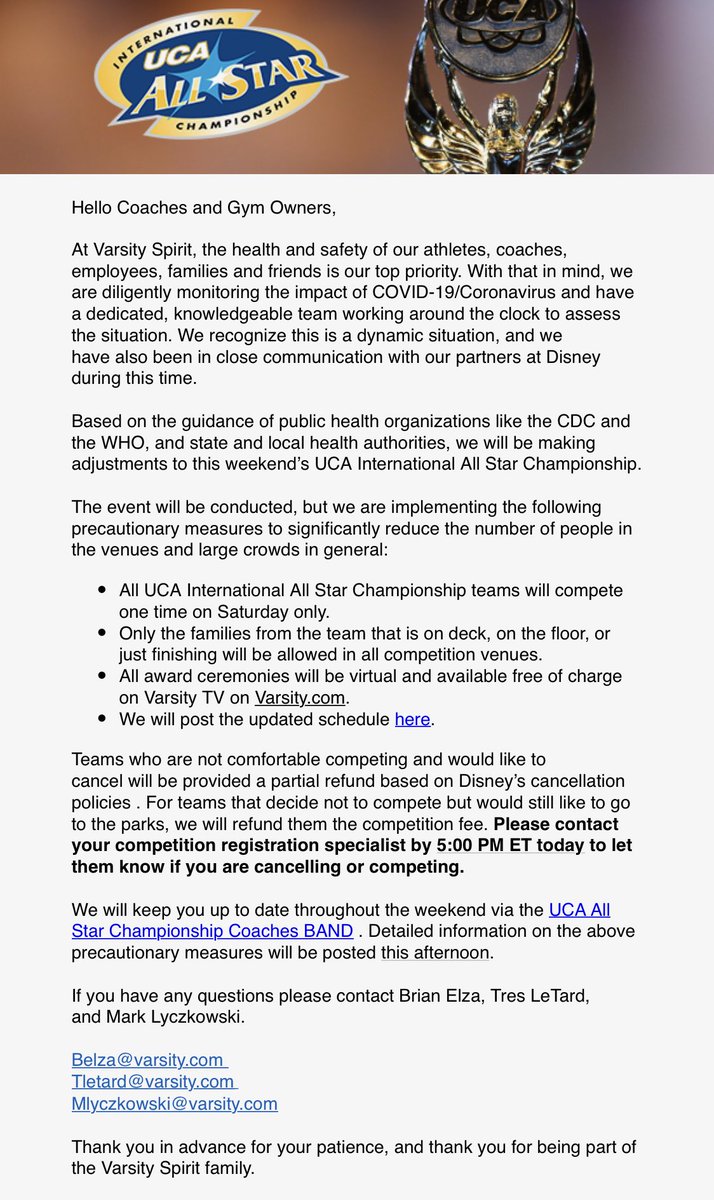 cheerUPDATES's tweet photo. SWEEPING CHANGES ⚠️
#UCAallstar scheduled for competition in Orlando, FL this weekend has just announced major modifications to this weekends event hosted by @VarsityAllStar at @ESPNWWOS.

Attached is official communication from Varsity Allstar. https://t.co/neW5Qwm8N6