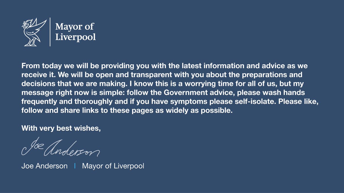 Welcome to the dedicated Twitter page for the latest official updates, information and guidance about #Coronavirus in Liverpool.

Please see a statement from Mayor of Liverpool, <a href="/mayor_anderson/">Mayor Anderson</a> below. 

#Covid_19 #COVID19 #CoronaVirusUpdate #CoronavirusPandemic