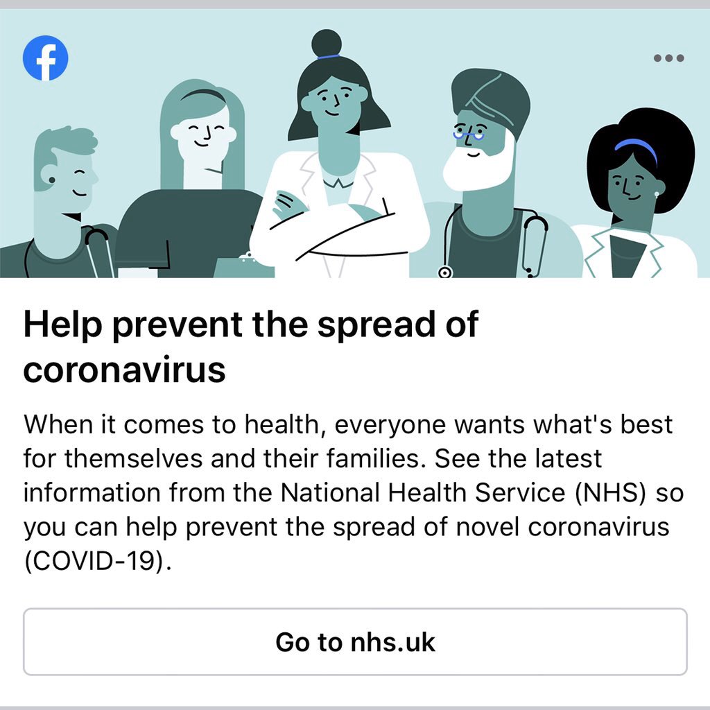 First up,  @Facebook.Facebook are displaying information tiles in newsfeeds (image 1) that redirect to the NHS website.When you search for “coronavirus” the top result is a pinned post (image 2) that links to the same NHS webpage.
