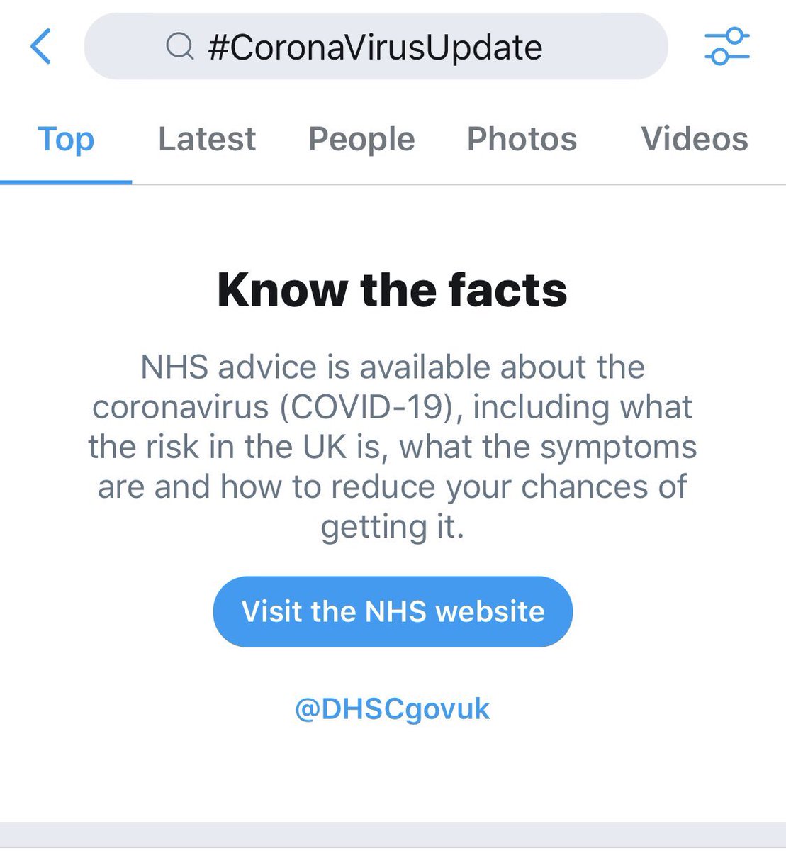 Next up:  @Twitter.I use Twitter a lot and haven’t come across any posts appearing organically in my newsfeed. However, if you search for “coronavirus” or a related hashtag, there’s a pinned message linking to the  @DHSCgovuk website.