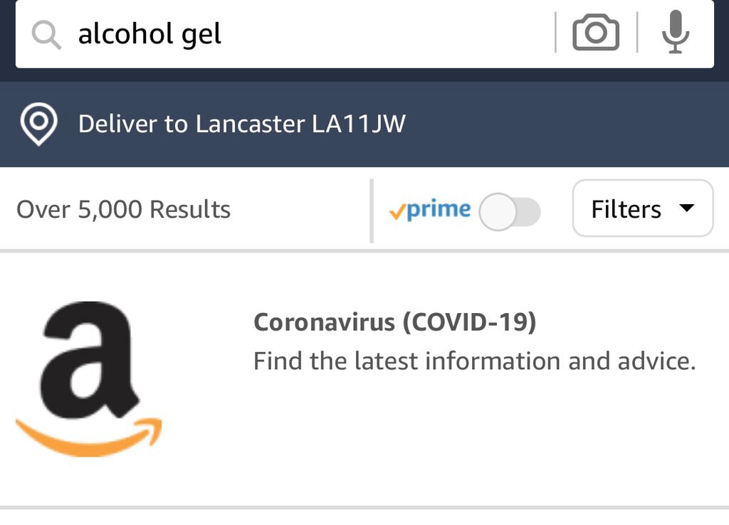 Next:  @Amazon.Amazon don’t appear to display any information on the home page of the app, but do have pinned results for queries.A generic search for “coronavirus” (image 1) as well as for “alcohol gel” (image 2) have a pinned result linking to a  http://gov.uk  page.
