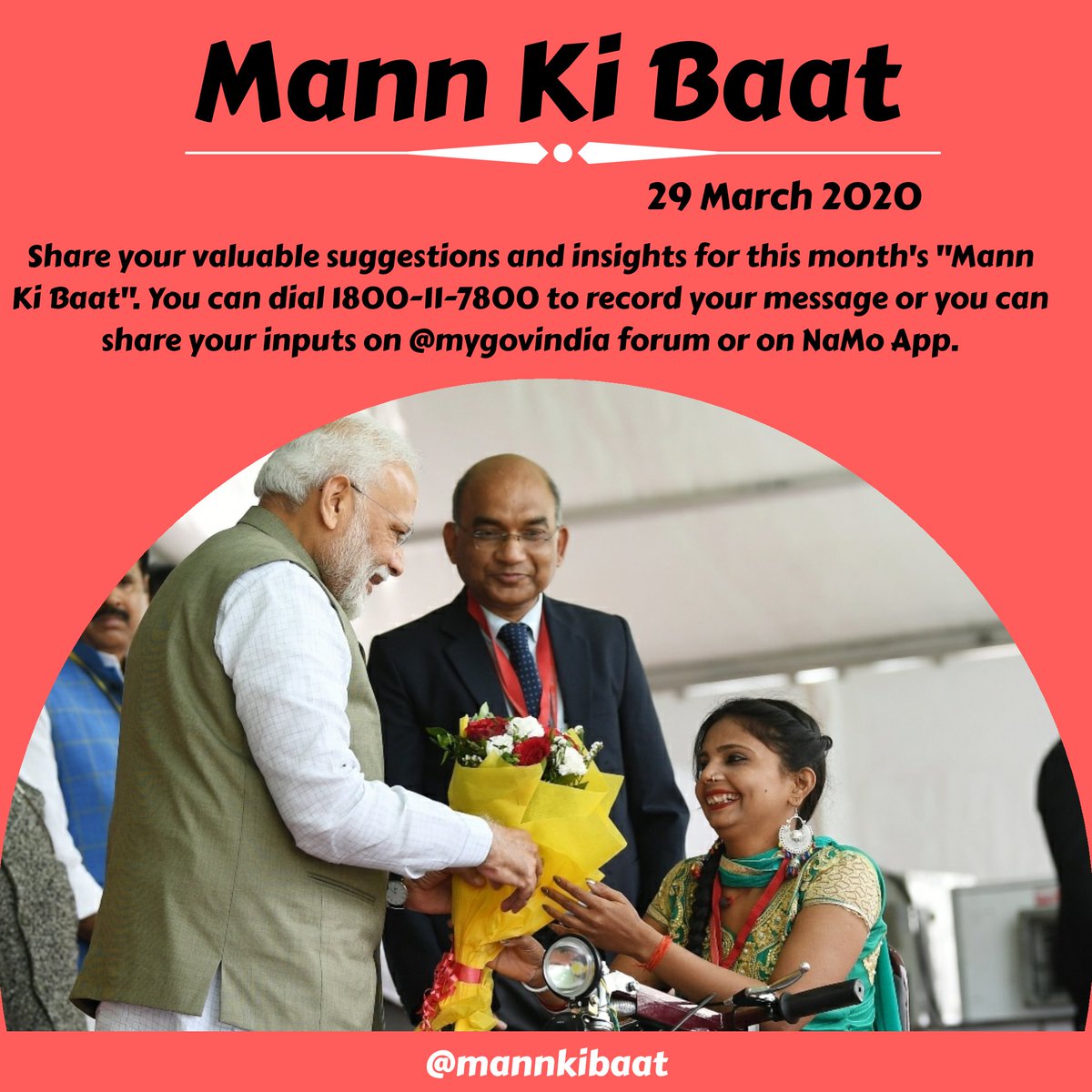 mannkibaat's tweet photo. PM Shri @narendramodi will share his 'Mann Ki Baat' on 29th of this month.

Share your valuable suggestions and insights for this month's 'Mann Ki Baat'.
You can dial 1800-11-7800 to record your message or you can share your inputs on @mygovindia or on NaMo App.

#MannKiBaat https://t.co/FwHwc6LfPd