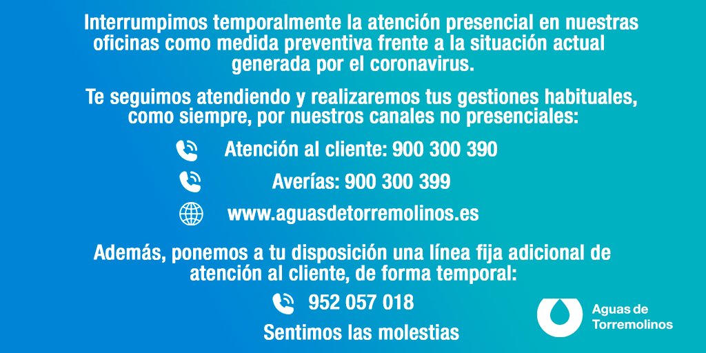 H2OTorremolinos's tweet photo. ⚠️ AVISO
❌ Desde mañana, 13 de marzo, cerramos temporalmente la atención presencial de nuestras oficinas como medida preventiva frente al #Coronavirus (#Covid_19)
🌐 Toda la info la tienes aquí: https://t.co/AeCFBEOYeS
🙏 Sentimos las molestias https://t.co/UMrRh9pYTm
