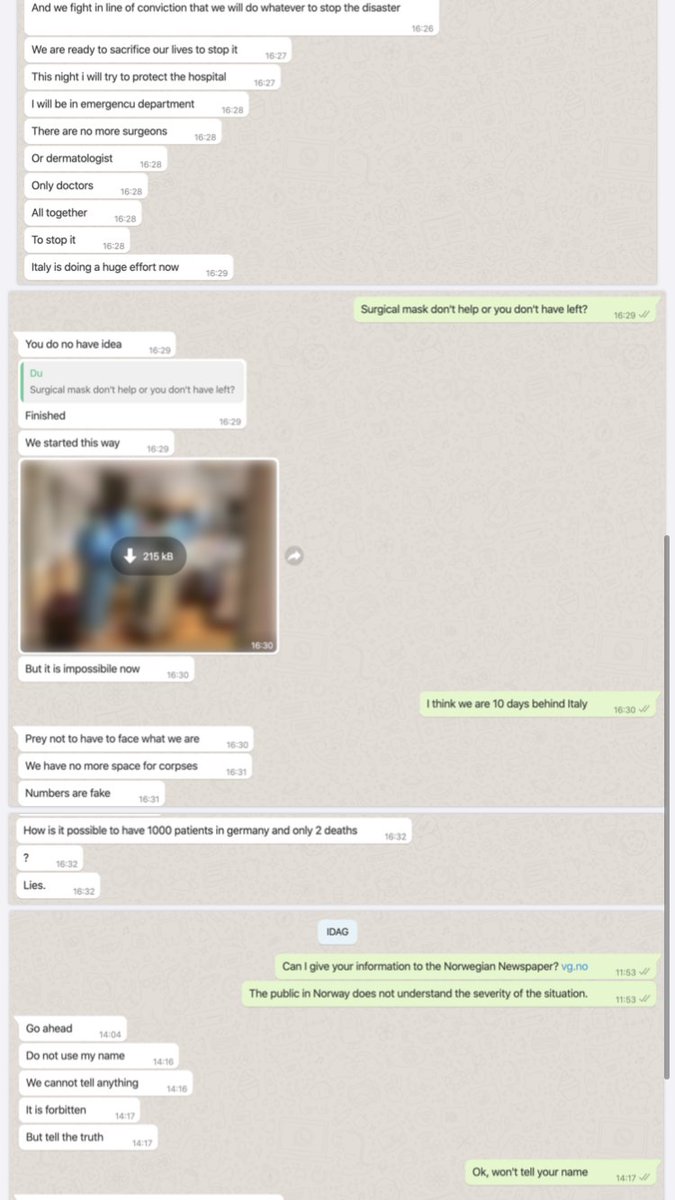 STrosterud's tweet photo. Devastating news

Conversation between my friend and Italian doctor

It’s war. Can’t even try to save them all. No one over 60 even gets full care

Every doctor likely sick, everyone coughs. No time to test them

No other critical care. Only this. So many dead

30% are ages 30-60 https://t.co/vA1Z2PMflT