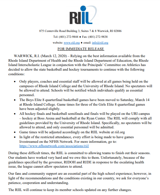Please see the attached information about changes to the upcoming RIIL Basketball and Hockey State Tournaments.
The RIIL appreciates everyone's patience, cooperation and understanding during these difficult times.