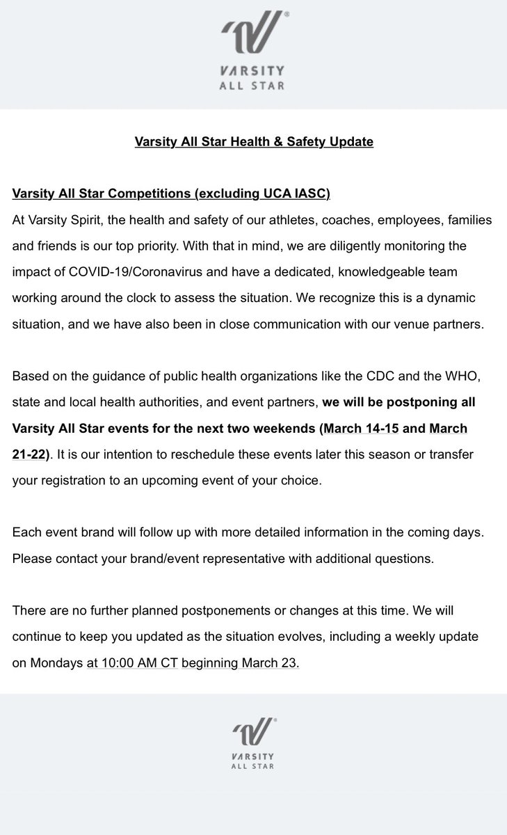 cheerUPDATES's tweet photo. LATEST UPDATE‼️
@VarsityAllStar has preemptively postponed events for weekends of March 14-15 and March 21-22.

Further weekly updates beginning on Monday, March 23 available at 10:00 AM CT.

Further updates from Varsity’s serious is response to the current issues will be shared. https://t.co/SMHT9rKrxJ
