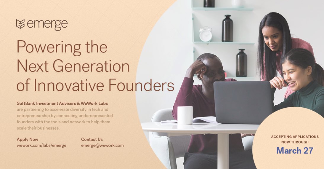 E_Scallon's tweet image. I am proud &amp;amp; excited to announce @SoftBank Investment Advisers &amp;amp; @WeWork Labs are partnering to accelerate diversity in tech &amp;amp; startups by connecting underrepresented founders w/ tools &amp;amp; network to help them scale their business through our
#EmergeProgram
wework.com/labs/emerge