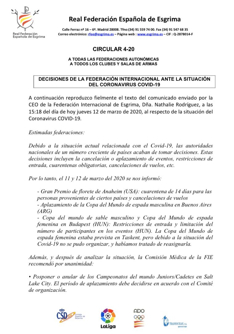 rfeesgrima's tweet photo. 📣 COMUNICADO OFICIAL DE LA FIE CON RESPECTO A LAS PRÓXIMAS PRUEBAS 

La FIE ha hecho público este comunicado en relación con las próximas pruebas internacionales y la criáis sanitaria del coronavirus. @FIE_fencing #Covid_19 #coronavirus https://t.co/Iztq2ABOQf