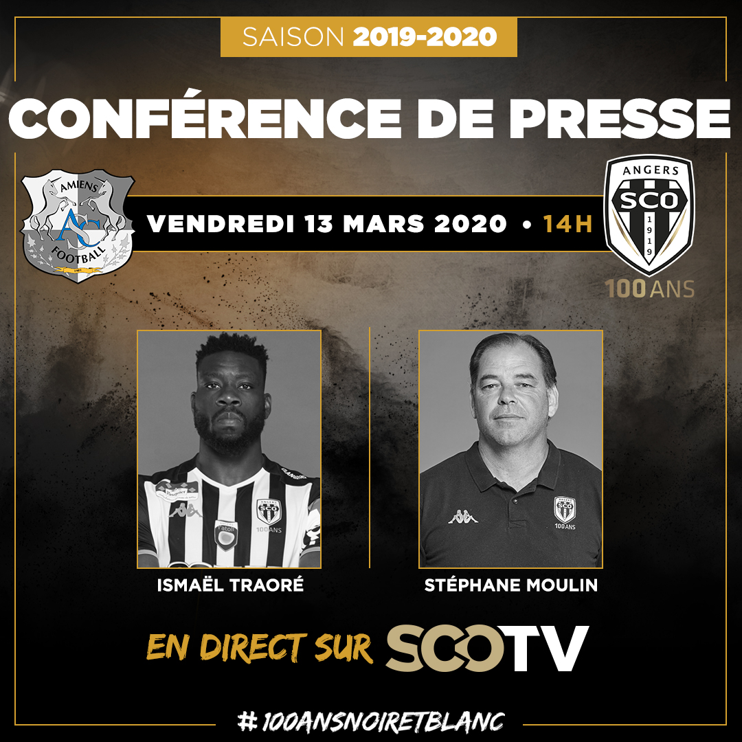 AngersSCO's tweet photo. À l'occasion de la 29ème journée de @Ligue1Conforama et de la rencontre face à l'@AmiensSC, Stéphane Moulin se présentera cet après-midi en conférence de presse à partir de 14h et sera suivi d'Ismaël Traoré !

📺 En direct sur @SCO__TV ➡️ https://t.co/zxyX5bwuyW

#ASCSCO https://t.co/20vaOu8hmE