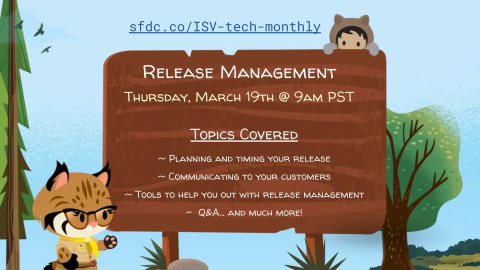Release Management for your AppExchange product. Let's nail it!
<a href="/ehollonds/">𝙴𝚟𝚊𝚗 𝙷𝚘𝚕𝚕𝚘𝚗𝚍𝚜</a> and <a href="/aprika_colin/">Aprika:Colin Johnson (He/Him)</a> will provide useful tips on how to take your release management to the next level and deliver constant innovation for your customers. Join us on 19th March at 9am PST.
<a href="/partnerforce/">Salesforce Partners</a>
