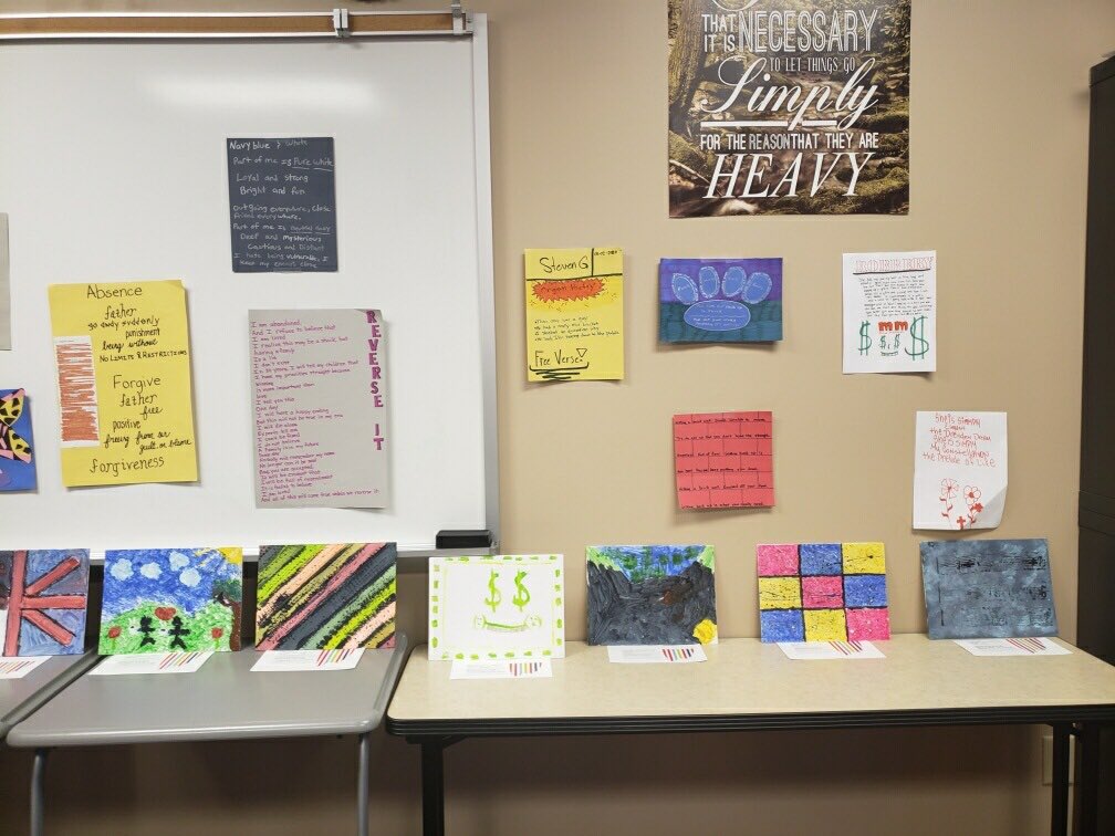 teach_fly's tweet photo. Exciting Poetry Slam and artistic representation at Claire Learning Center @olatheschools @YeagerBrent #bigthree https://t.co/QCaSaMMxp4