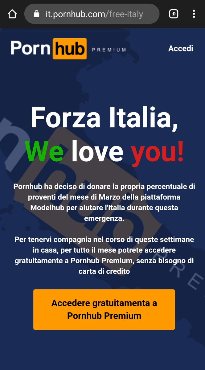 Pornhub Premium For Free Francesco 🌱 on X: "Pornhub will allow people living in Italy to access Pornhub Premium for free throughout the month of March, as the whole country is in #lockdown, and will donate