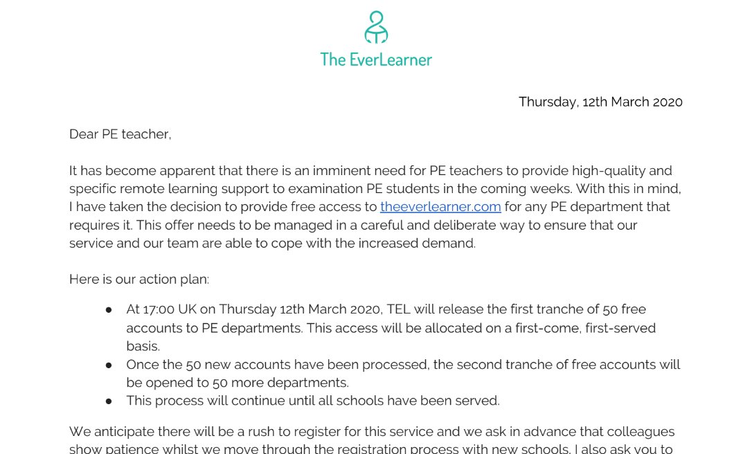 The_EverLearner's tweet photo. CORONAVIRUS ANNOUNCEMENT
Open letter to PE teachers... Please read
Form to register: https://t.co/fIr2V87Ql7
#pegeeks #Covid_19 #coronavirus https://t.co/IFlegdc878