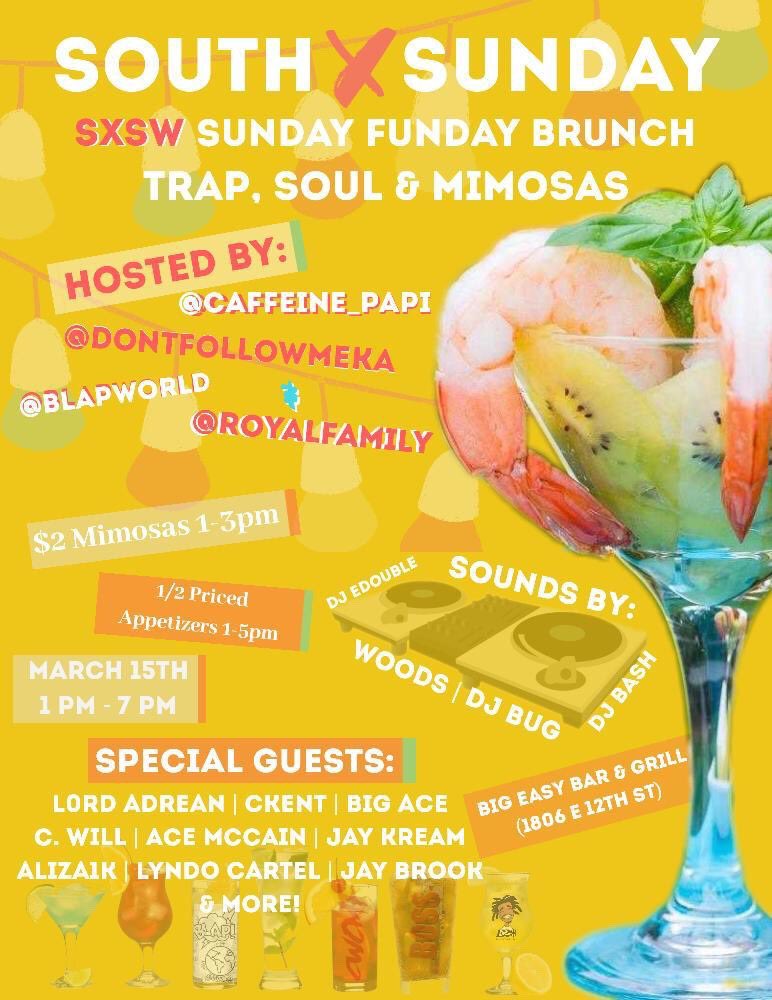 EARZTOTHESTREET's tweet photo. Another Sold Out Event!!!
We Goin Up South By Sunday Trap Soul &amp; Mimosas 
Beat Me There ATX! 
Everybody Free 
We At Big Easy Bar &amp; Grill on 12th St. https://t.co/Pw8dW9oOLP