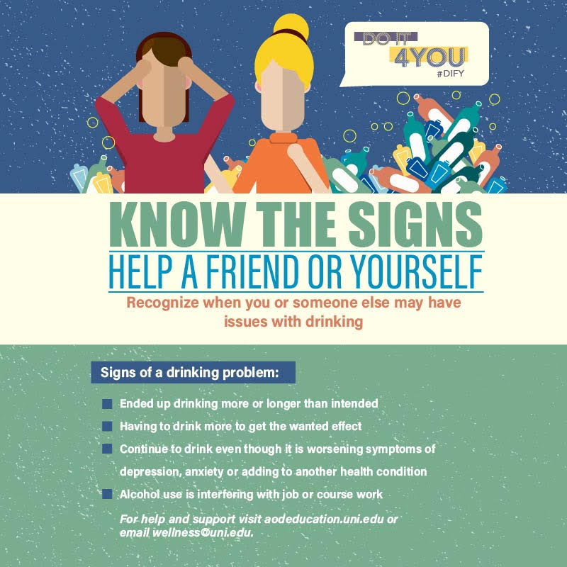 InvolvementUNI's tweet image. Are you worried about a friend’s (or your own) drinking habits? Learn the signs of alcohol abuse so you can get help. #DoItForYou #SpringBreakSafety