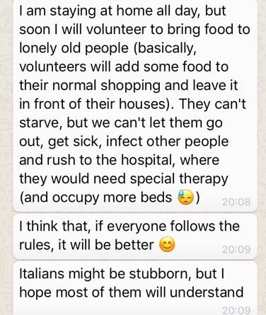 WeiFan_Econ's tweet photo. @rebecca_mehra My Italian friend in Turin is doing the same. They are organizing volunteers to send food to elderly who live on their own without risking their lives. https://t.co/RuNlwoqiJM