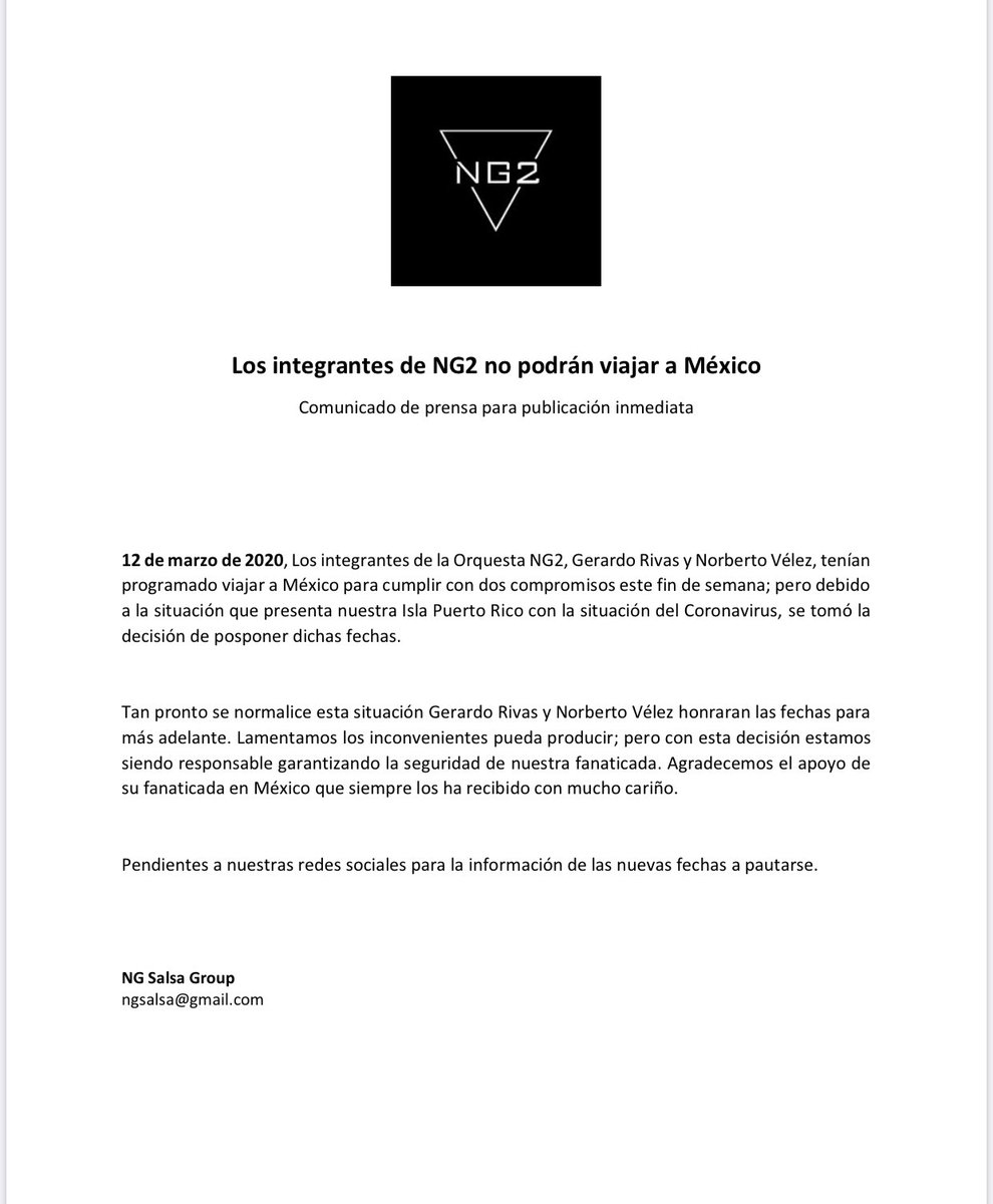 NG2pr's tweet image. Comunicado Oficial de #NG2. Aquí los detalles oficiales sobre la posposición de las fechas de este fin de semana en #Mexico  #coronavirus @GerardoRivasPR @somoslatinos7 @sabrosita590