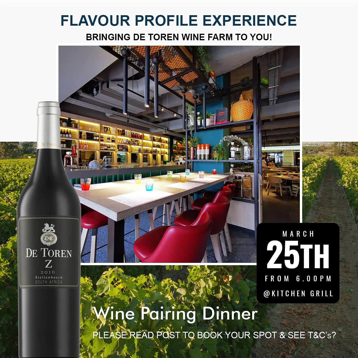 KitchenGrill1's tweet photo. Wine Pairing Dinner Experience 

R375 per person
25th March 2020
6.00pm for 6.30pm

To book a table please call 010 443 3924

 VISIT TO FIND OUT MORE https://t.co/PN7FK5Rk5S

#foodie #winepairing #foodandwine #wine #winetasting #dinner #dinnerdate #meat #eatingout https://t.co/l6Xn4h0sKa